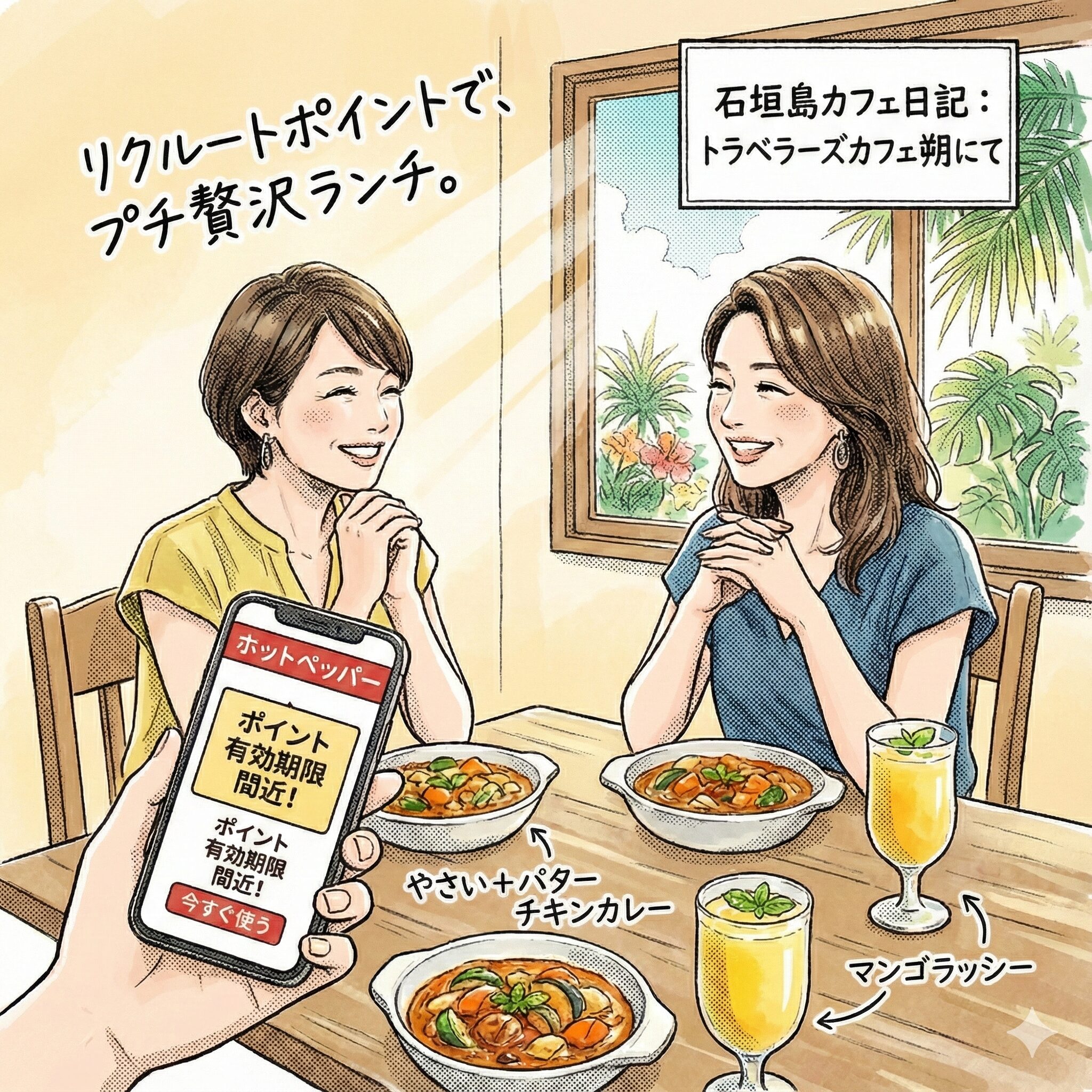 ポイントを利用してランチを楽しむ女性。