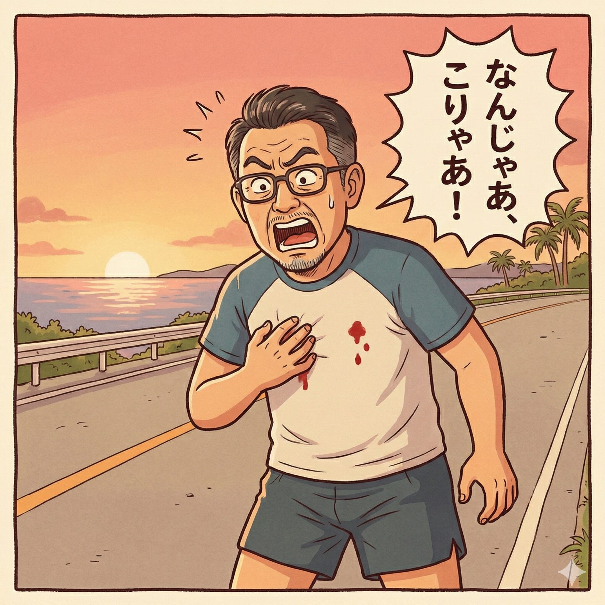 殉職刑事のように胸から血が出て驚く店主の画像。