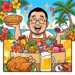 石垣島の青い空とヤシの木、ハイビスカスを背景に、丸眼鏡とひげが特徴の笑顔のカフェ店主が、左手にパイ、右手に赤あんの大福を持って大喜びしているマンガ風のイラスト。手前のテーブルには湯気が立つ大きな骨付き唐揚げ、ジョッキに入った生ビール、車えびの料理が並び、周囲はたくさんのプレゼントの箱やキラキラしたエフェクトで彩られた、温かみのあるオレンジ調のカット。