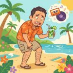 明るい日差しの差し込む南国のビーチに立つ、アロハシャツと短パン姿の中年日本人男性。彼は自分のすね毛が濃い脚を、大げさに困った、あるいはショックを受けたような表情で見つめています。片手にはフレッシュミントとライムがたっぷり入ったモヒートを持ち、頭上には古いメロディを思い出したかのようにレトロなカセットテープとレコードのアイコンが浮かんでいます。背景にはエメラルドグリーンの海、ヤシの木、遠くの島、そして砂浜に置かれたビーチタオルが見え、自虐的でユーモラスな夏のひとときを描いた、フラットで遊び心のあるイラストです。